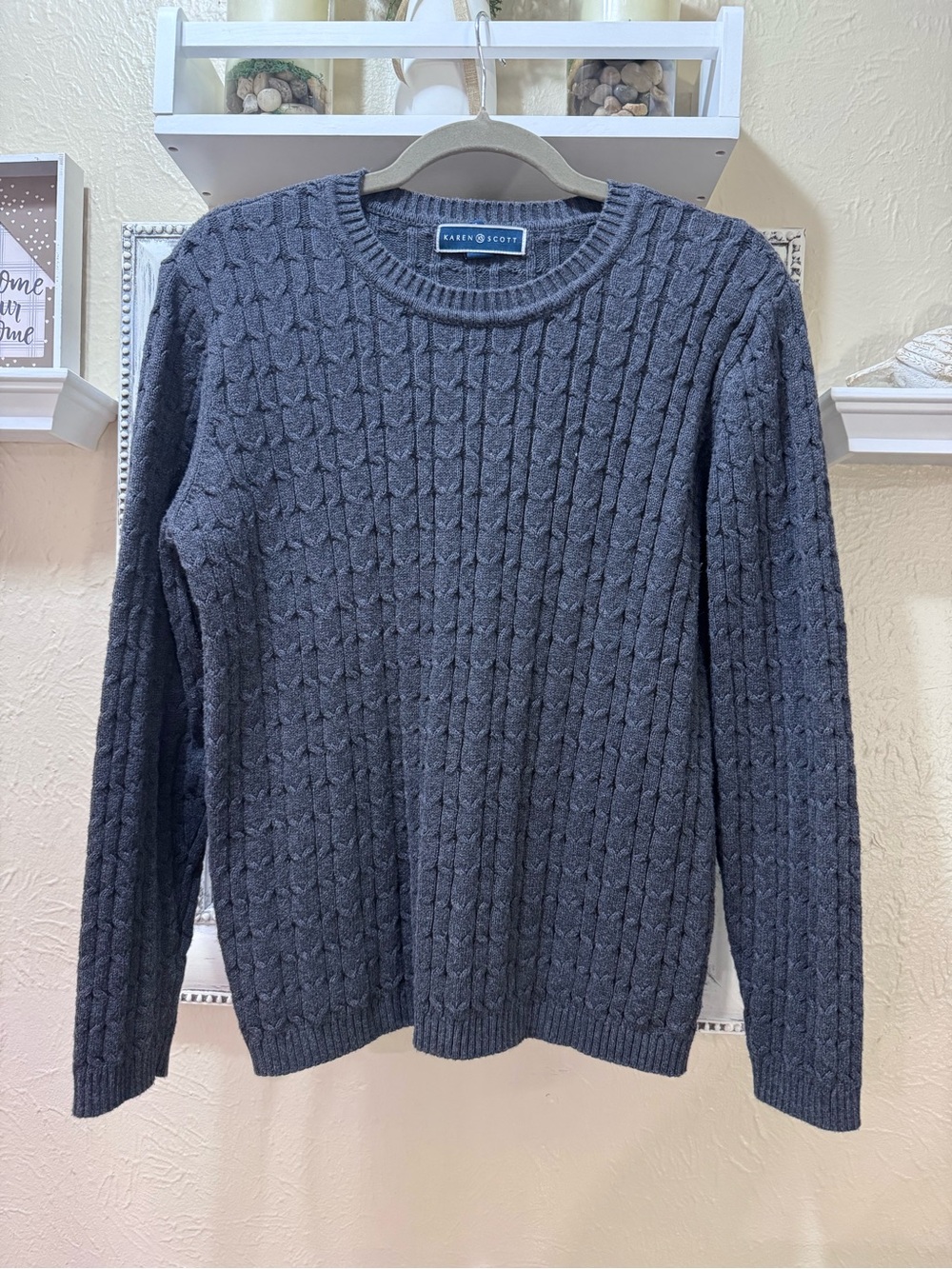 Karen Scott Charcoal Cable Knit Crewneck Sweater Sz XL